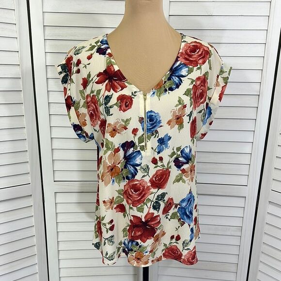 Tovia Floral V-Neck Women's Top Size XL Y2K Short Sleeves - Picture 2 of 10